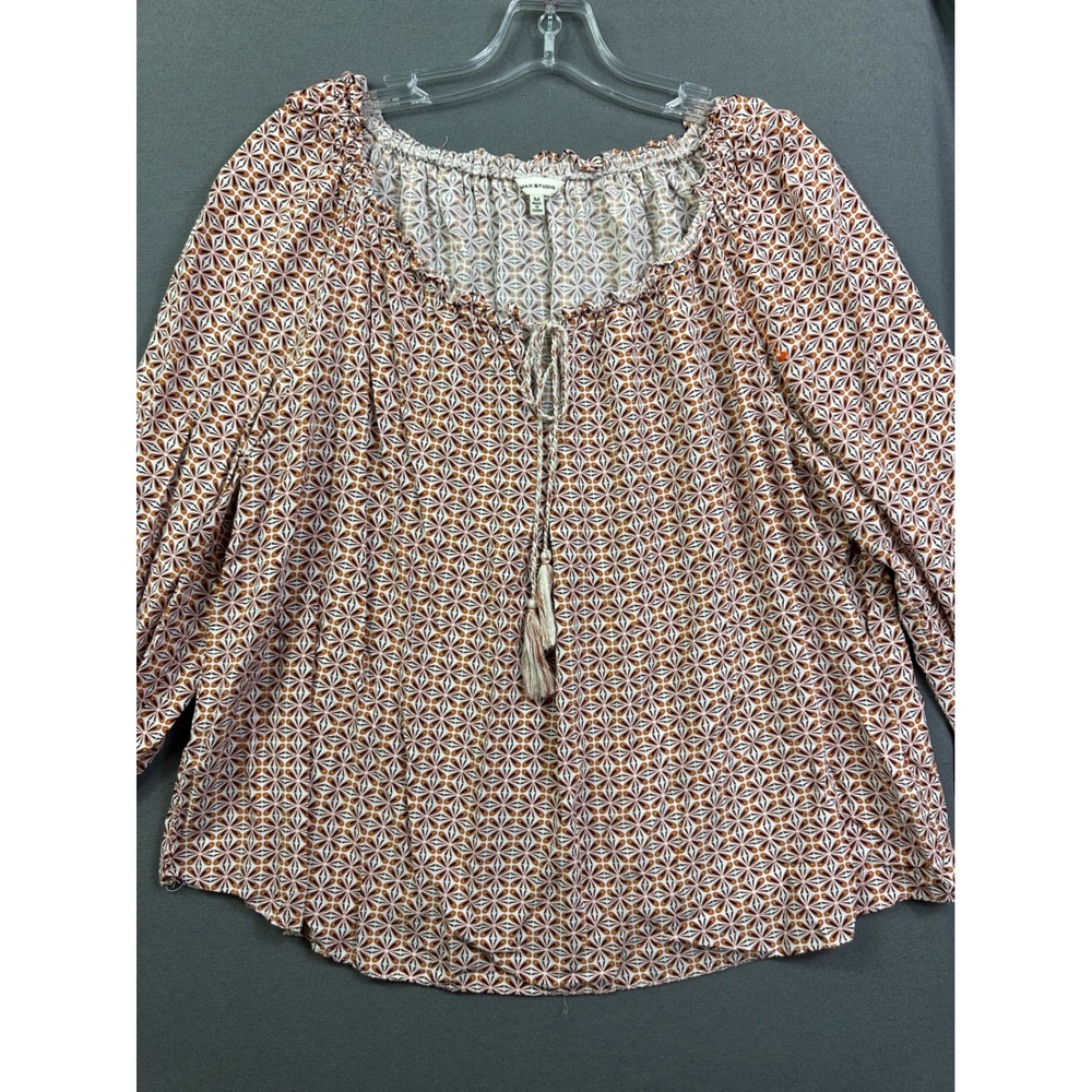 Max Studio Women Medium Geometric Floral Peasant Blouse Tassel Tie Smocked Cuff - Picture 1 of 12